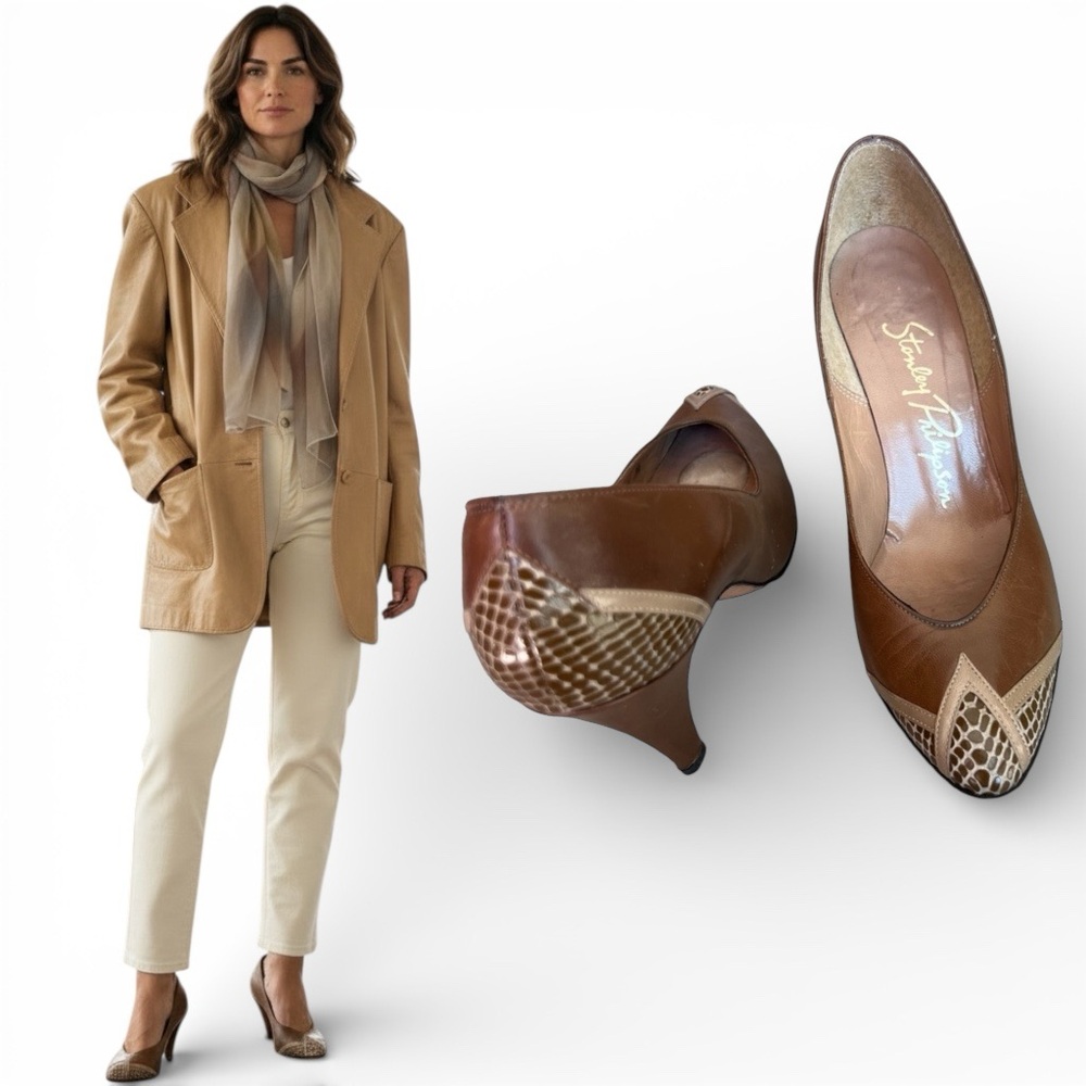 STANLEY PHILIPSON Heels Pumps Leather & Snakeskin Brown Beige 6AA Vintage​
